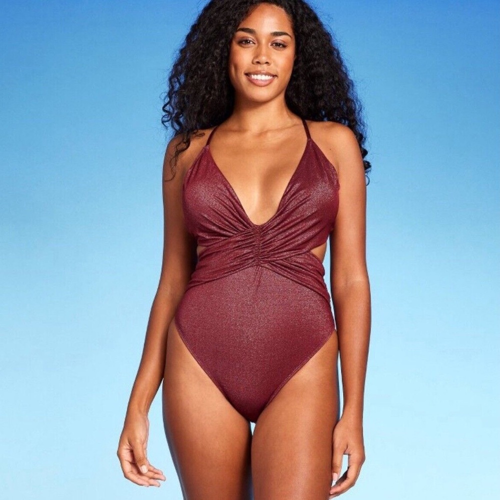 Shade & Shore Plunge Neck Cross Back One Piece Swim Suit in Burgundy Red Size S